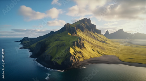 Aerial view of beautiful Mount Eystrahorn with Krossasnesfjall mountain range and sunlight shining on coastline in summer at East of Iceland