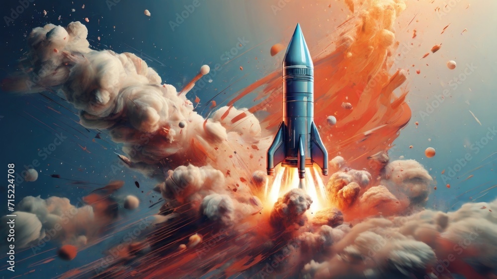 An abstract depiction of a technologyinspired background with a skyrocketing rocket launching towards a successful future for a startup.