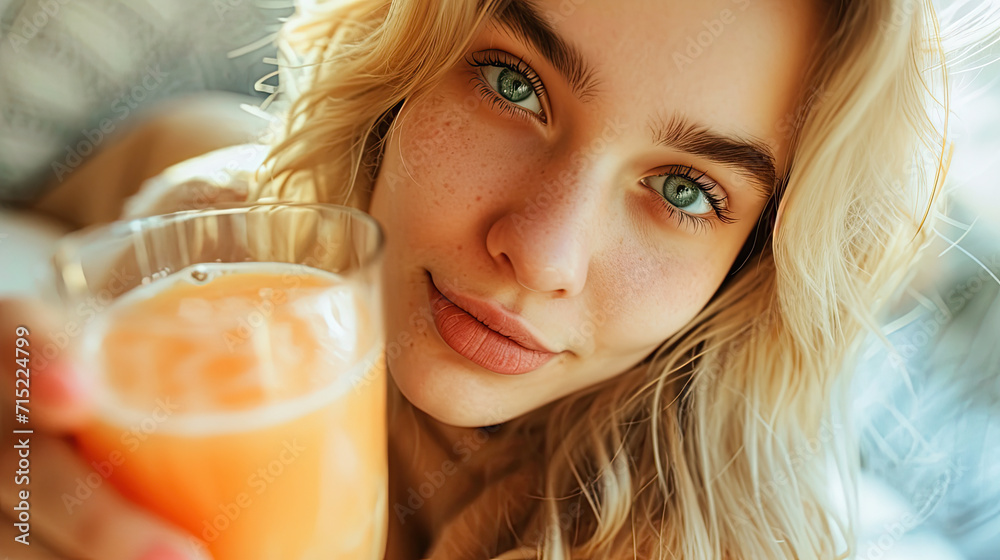 Young blond woman with green eyes and glass of  juice in the front of foreground.