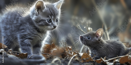 little grey kitten with rat, generative AI