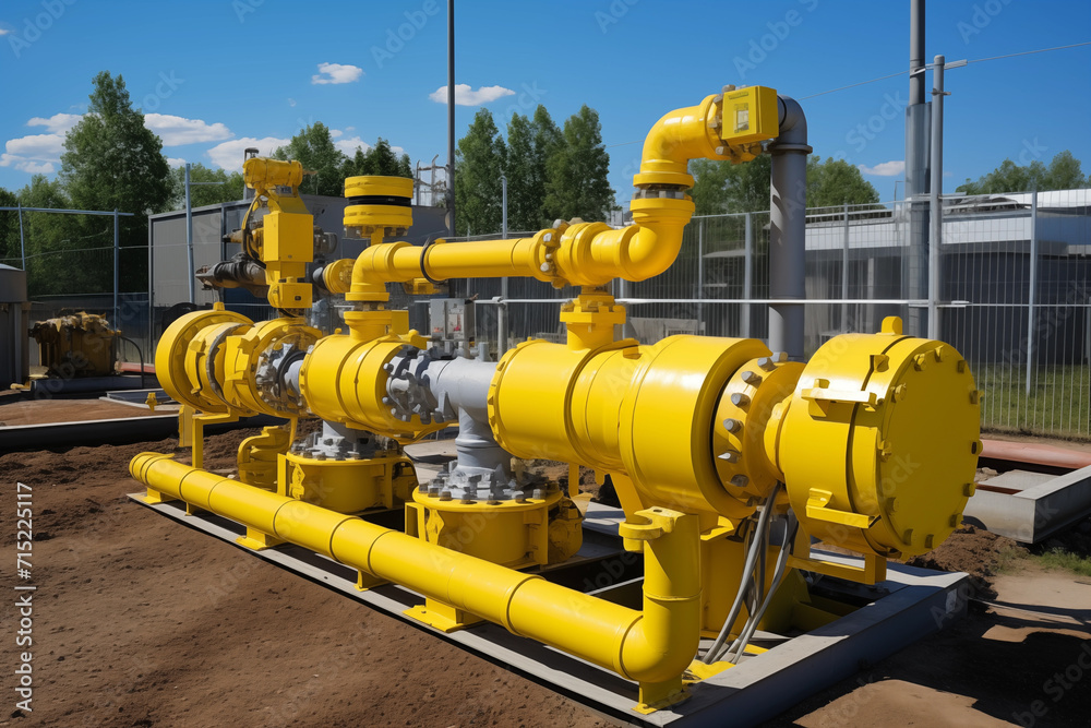 Yellow gas pipeline has additional equipment for distribution transportation of natural gas, including a compressor for pumping gas AI Generation Yellow gas pipeline has additional equipment for distribution transportation of natural gas, including a compressor for pumping gas AI Generation