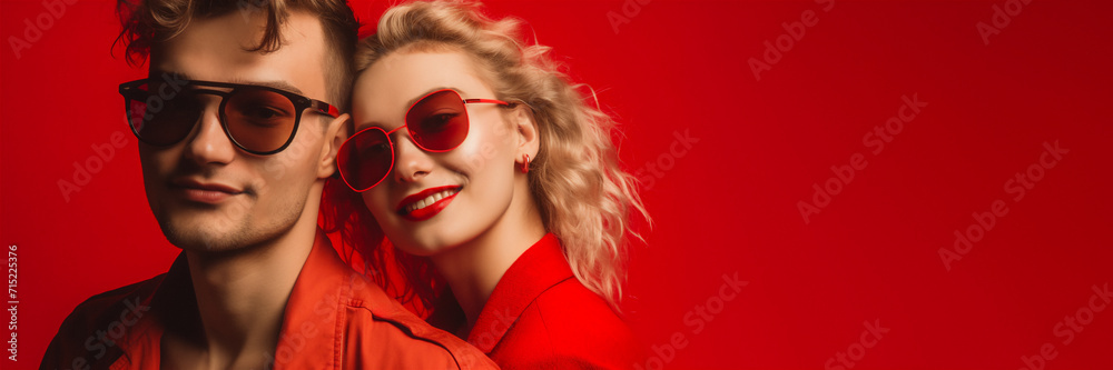Obraz premium Portrait of a happy young beautiful couple on red background, close up, smiling people. Valentine's day concept