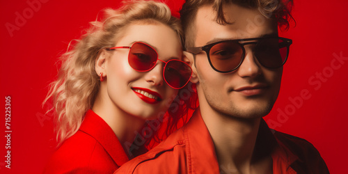 Portrait of a happy young beautiful couple on red background  close up  smiling people. Valentine s day concept