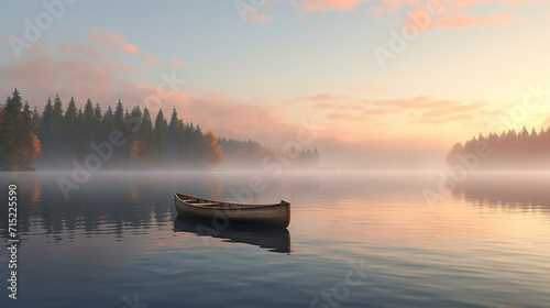 A 3D visualization of a minimalist rowboat on a placid lake, the scene's tranquility accentuated photo