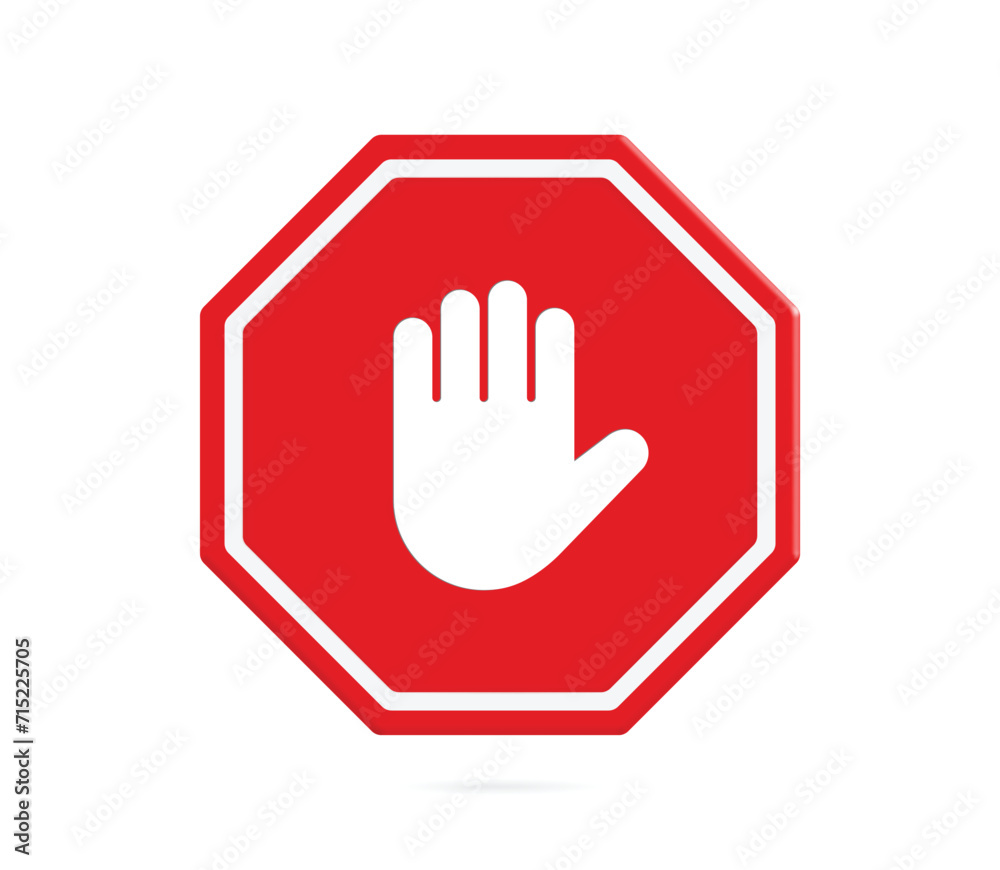 Red octagon stop sign, hand sign that means no entry or passing. ,vector 3d isolated on white background for design - obrazy, fototapety, plakaty 