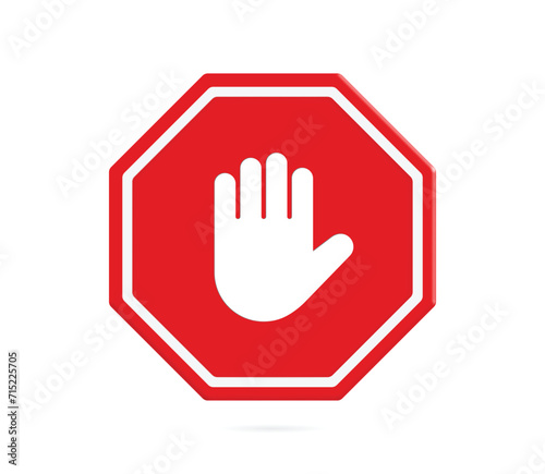 Red octagon stop sign, hand sign that means no entry or passing. ,vector 3d isolated on white background for design photo