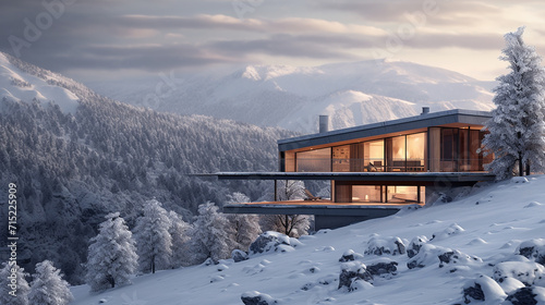 A 3D monochromatic mountain retreat minimalist architecture blending seamlessly with snowy landscape © Aura