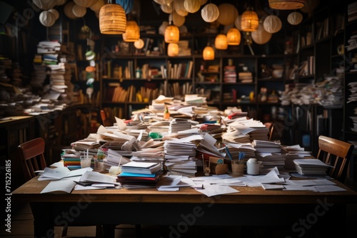 Desk covered in paperwork, illustrating the challenges of maintaining organization in a busy office, Generative AI photo
