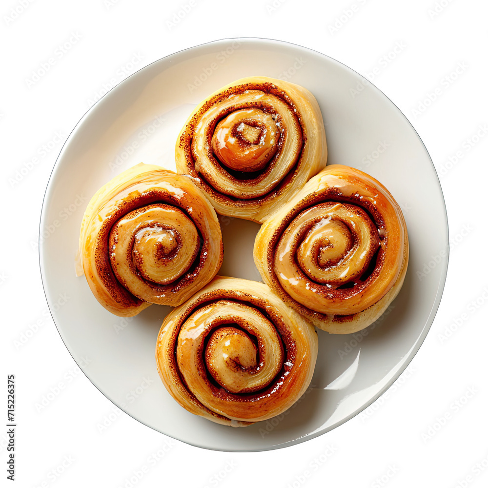 Plate of Cinnamon Roll isolated on white background, top view Plate of Cinnamon Roll isolated on white background, top view