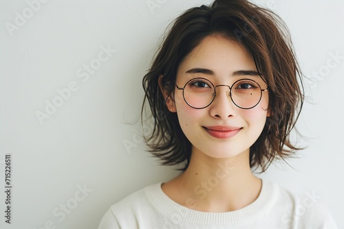 メガネをかける笑顔の日本人女性のポートレート（白背景・メガネ・めがね・レーシック・視力矯正・眼科） photo