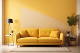 Interior home design of living room with sofa and vibrant yellow empty wall