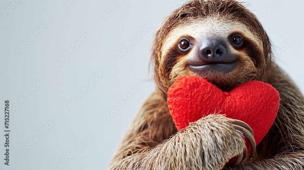 Fototapeta premium Smiling cute sloth hug hearts pillow isolated on white, Women's Day, Mother's Day, Valentine's Day, Wedding concept. Copy space.
