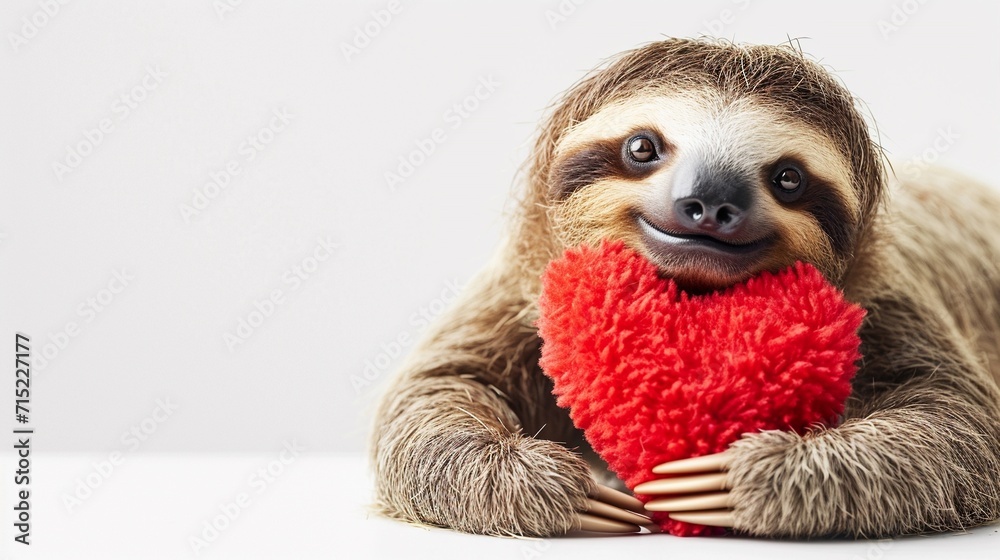 © JW Studio - Smiling cute sloth hug hearts pillow isolated on white, Women's Day, Mother's Day, Valentine's Day, Wedding concept. Copy space.