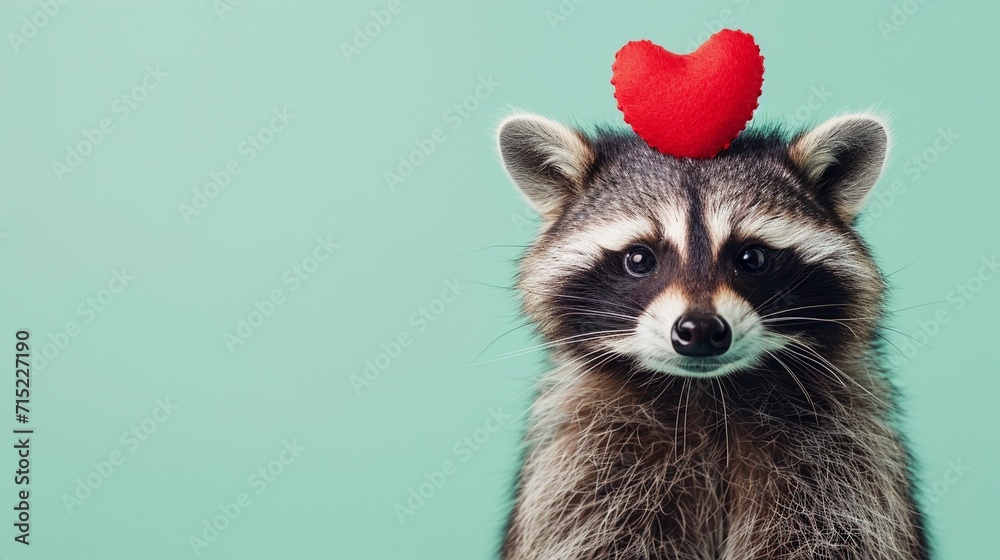 Valentine's day cute and smiling small racoon holding heart isolated on pastel green background, Women's Day, Mother's Day, Valentine's Day, Wedding concept. Copy space. Valentine's day cute and smiling small racoon holding heart isolated on pastel green background, Women's Day, Mother's Day, Valentine's Day, Wedding concept. Copy space.