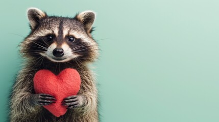 Valentine's day cute and smiling small racoon holding heart isolated on pastel green background, Women's Day, Mother's Day, Valentine's Day, Wedding concept. Copy space.