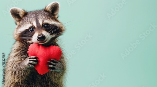 Valentine's day cute and smiling small racoon holding heart isolated on pastel green background, Women's Day, Mother's Day, Valentine's Day, Wedding concept. Copy space. © JW Studio