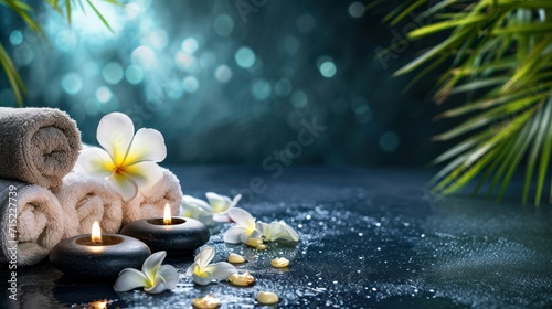 Concept of a spa beauty treatment background with calming and relaxing elements such as candles, massage stones, and aromatic flowers