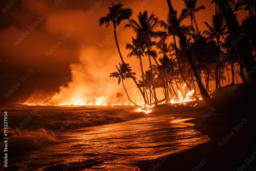 Tropical Island Fire at Night - Smoke, Palm Trees, Beach, Water