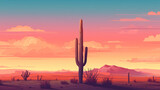 flat illustration of a lone cactus in desert, stripped basic geometries, standing against sunset sky