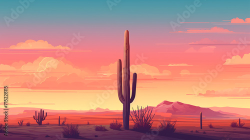 flat illustration of a lone cactus in desert, stripped basic geometries, standing against sunset sky photo