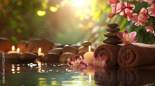 Background concept for a spa beauty treatment, incorporating calming elements like candles, massage stones, and aromatic flowers for a relaxing ambiance