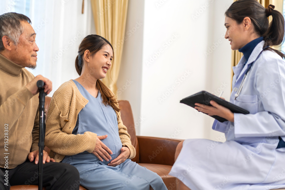 Woman doctor support discussing and consulting care talk to mother woman checkup pregnancy baby in belly, woman pregnant, birth, maternity, ultrasound, healthcare and medicine in hospital Woman doctor support discussing and consulting care talk to mother woman checkup pregnancy baby in belly, woman pregnant, birth, maternity, ultrasound, healthcare and medicine in hospital