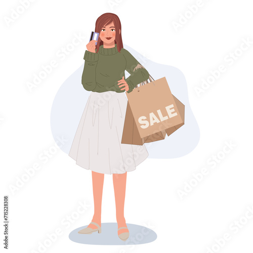 Beautiful Woman Enjoying Sale Season with Credit Card. Elegant Shopaholic