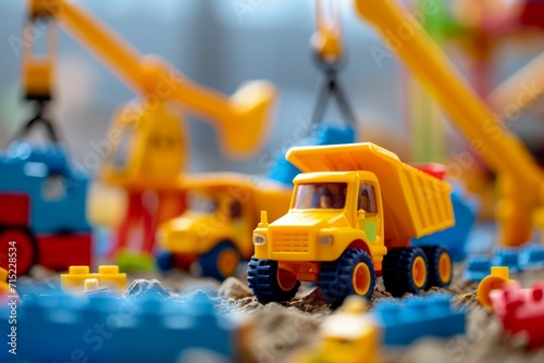 Colorful Toy Construction Vehicles on Building Site