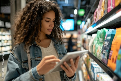 a portrait photo of a midyears merchandiser looking at the tablet, female, in the store, working photo