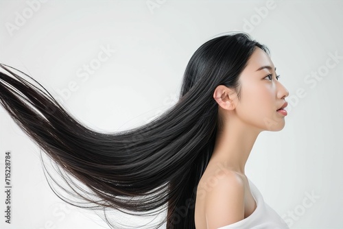黒髪の綺麗な日本人女性の横顔の写真（ヘアケア・ロングヘア・縮毛矯正・ストレート・背景なし）