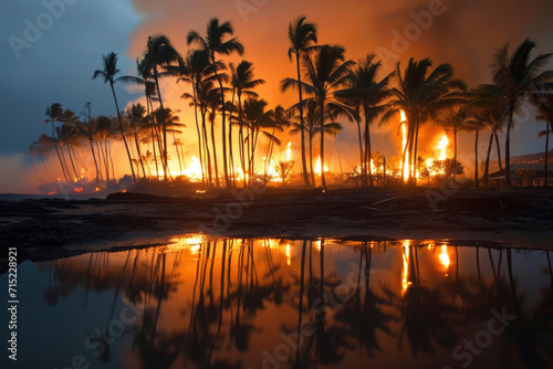 Tropical Island Fire at Night - Smoke, Palm Trees, Beach, Water © illuminating images