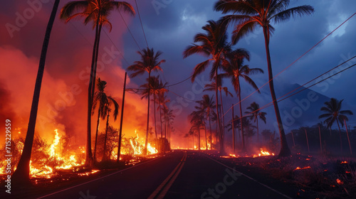 Tropical Island Forest Fire at Night - Smoke, Palm Trees, Road Wildfire