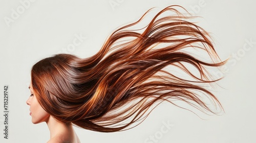 Long straight Wig hair style fly fall explosion. Brown woman wig hair float in mid air. Straight brown wig hair wind blow cloud throw. White background isolated