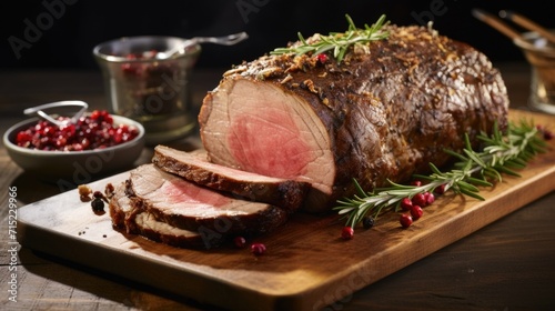 As you into this regal leg of lamb, the rosy hues of the meat create a striking contrast against its caramelized skin, promising a tender and juicy experience with each bite. photo