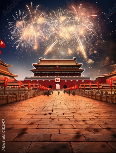 Magnificent Tian 'anmen Square, Gift bag, Fireworks, Fairy light, Stars, Starry Red Sky, Matte painting by Michael James Smith, CG rendering, Volume Light, Space Art with generative ai photo