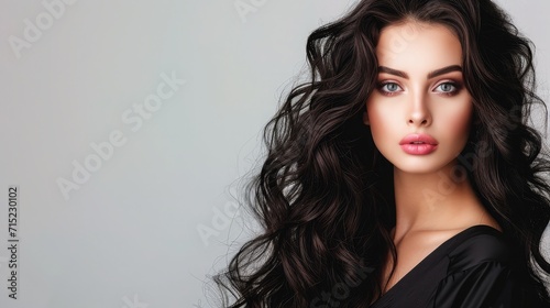 Portrait of elegant stylish young woman with long dark curly healthy shiny hair and makeup on grey banner background
