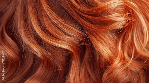 Red hair close-up as a background. Women s long orange hair. Beautifully styled wavy shiny curls. Hair coloring bright shades. Hairdressing procedures  extension.