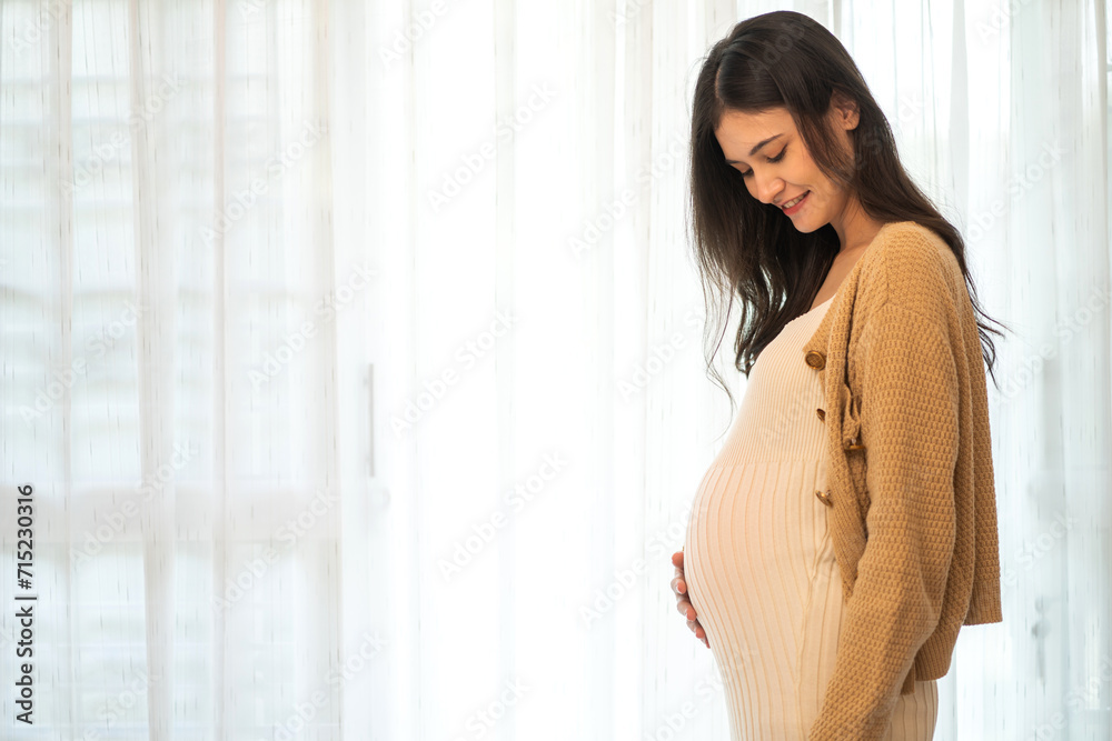 Happy smiling Mother woman hugging and smiling expecting with pregnancy hold baby in belly, woman pregnant, birth, preparation, maternity, care with childbirth at home.Love of family Happy smiling Mother woman hugging and smiling expecting with pregnancy hold baby in belly, woman pregnant, birth, preparation, maternity, care with childbirth at home.Love of family