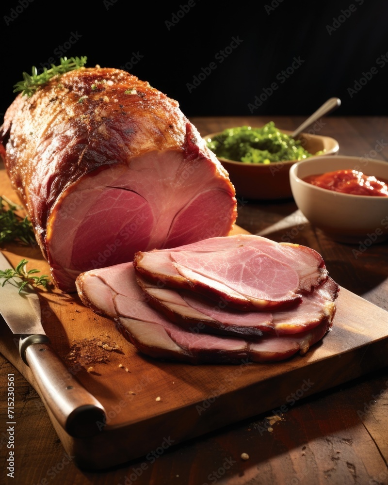 A true labor of love, this majestic roast ham is the result of hours of slow roasting, allowing the meat to become incredibly tender and juicy, while the savory pan drippings create an irresistible