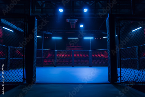 MMA Fighting Cage with Blue Neon Lights in an Empty Arena