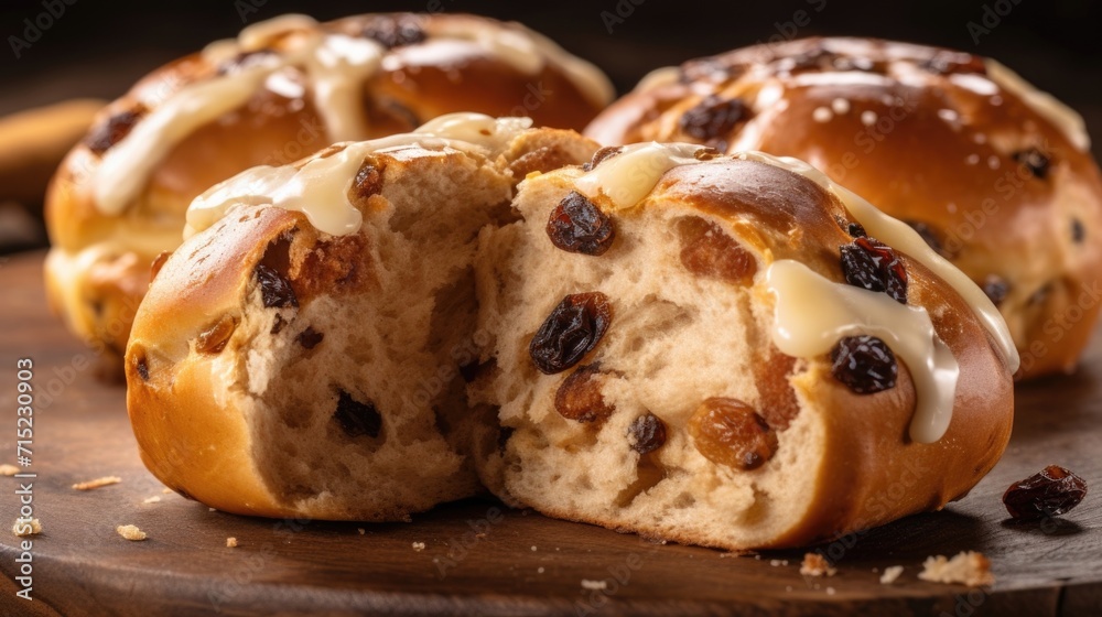 A macro shot of a hot cross bun split in half, revealing the abundance of plump, juicy raisins tered throughout the dough. The raisins provide bursts of sweetness in every bite.