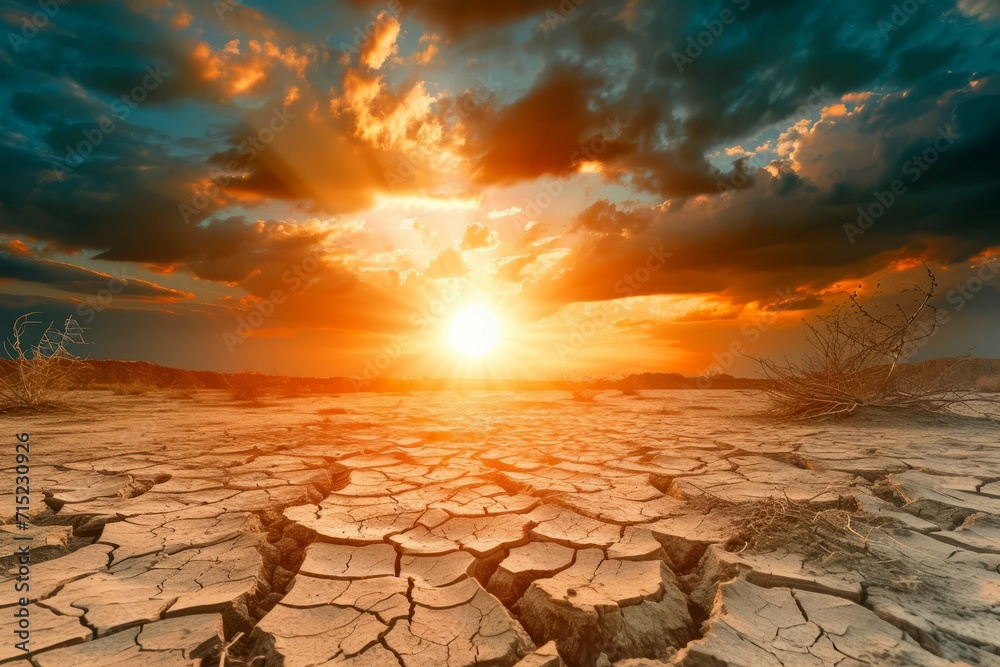 Arid Desert Landscape at Sunset with Dramatic Sky - obrazy, fototapety, plakaty 
