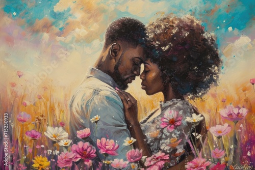 beautiful romance of lovers on valentines day in nature outdoors embracing with affection pragma . african american black people . photo