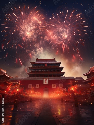 Magnificent Tian 'anmen Square, Gift bag, Fireworks, Fairy light, Stars, Starry Red Sky, Matte painting by Michael James Smith, CG rendering, Volume Light, Space Art with generative ai photo