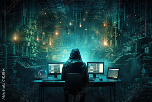 Obraz na płótnie Cyber Security Hacker at Workstation, Generative AI w salonie