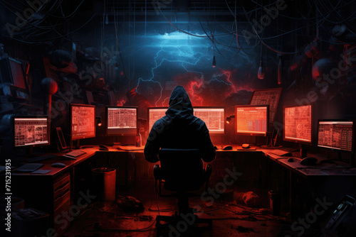 Obraz na płótnie Cyber Security Hacker at Workstation, Generative AI w salonie