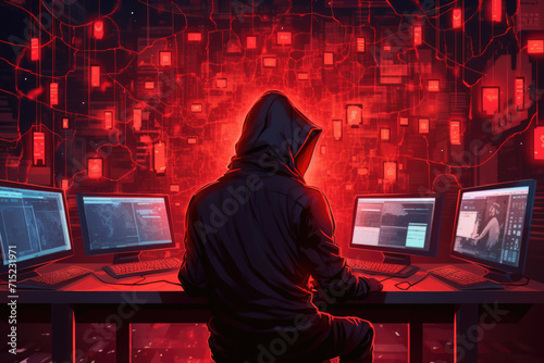 Obraz na płótnie Cyber Security Hacker at Workstation, Generative AI w salonie