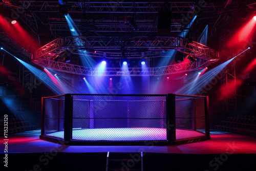 Empty MMA Fighting Cage with Dramatic Lighting in Arena photo