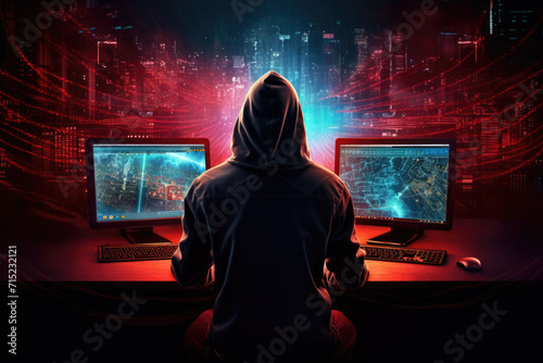 Obraz na płótnie Cyber Security Hacker at Workstation, Generative AI w salonie