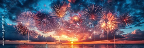 Colorful Fireworks On Cloudy Blue Sky, Background HD, Illustrations